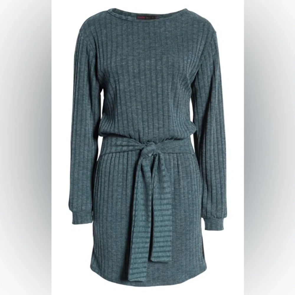 Fraiche By J Tie Front Long Sleeve Dress In Heather Green size S - Picture 3 of 8